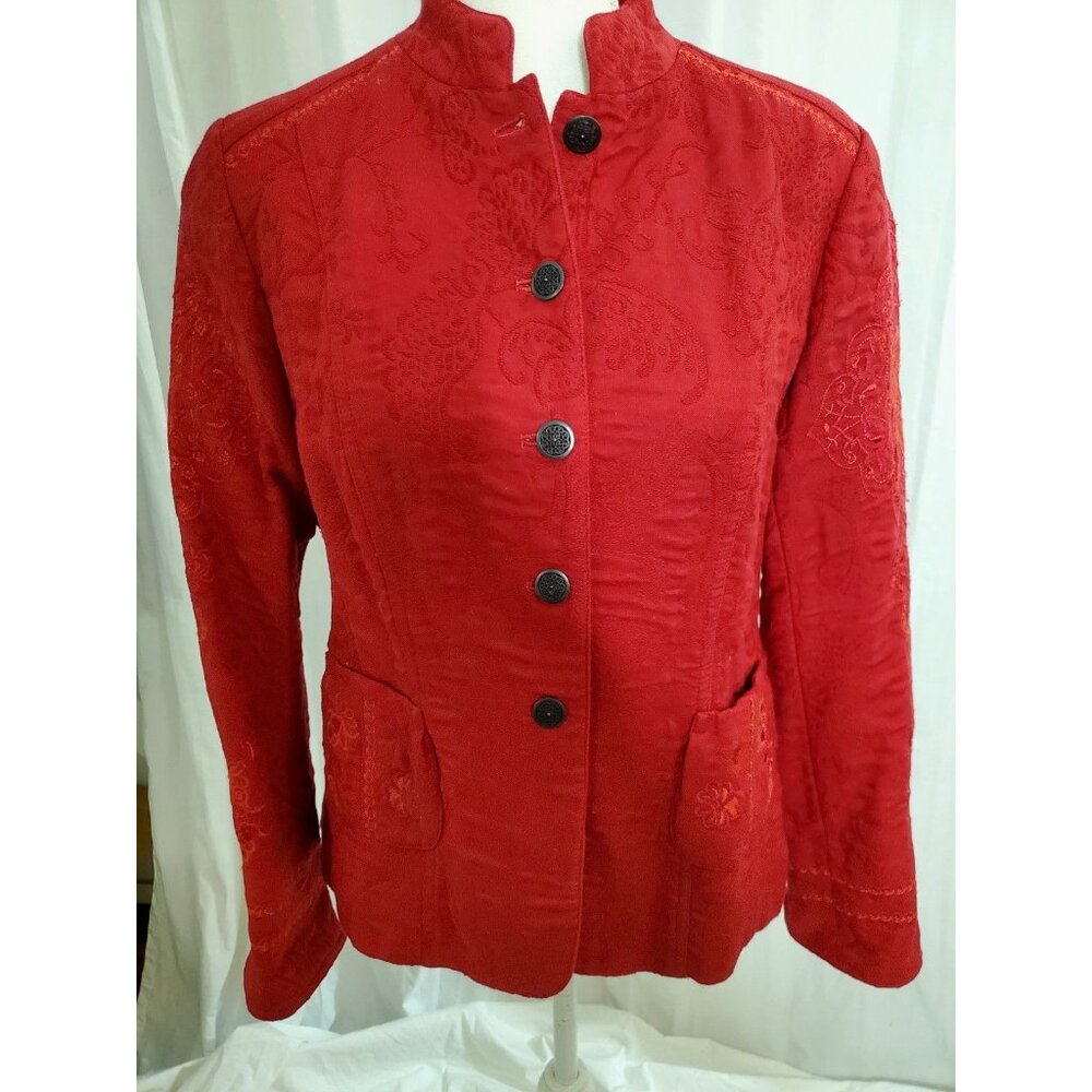 Coldwater Creek Blazer Jacket Womens 10 Red Button Up Lined Embroidered Jacquard